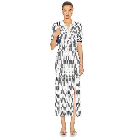 NWOT REMAIN 3d Wave Knit Polo Slit Dress Blue Chevron Collared 8 - Picture 1 of 5